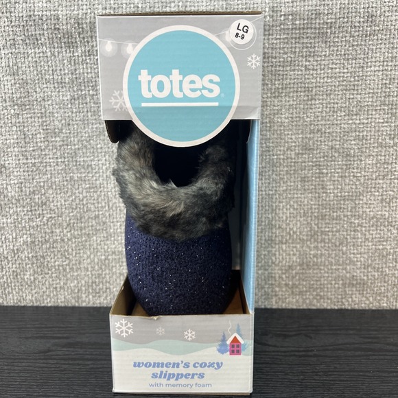 NEW Totes Slippers Faux Fur Memory Foam Woman's Large 8-9 Navy Sparkle - Picture 4 of 7